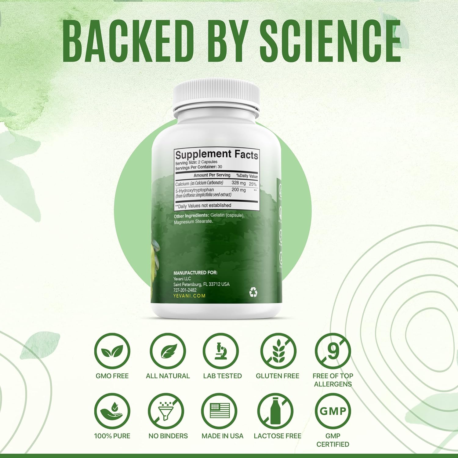 YEVANI 5-HTP Supplement with Calcium for Mood, Stress, Sleep - Neurotransmitter Support - 60 Capsules, 30 Servings