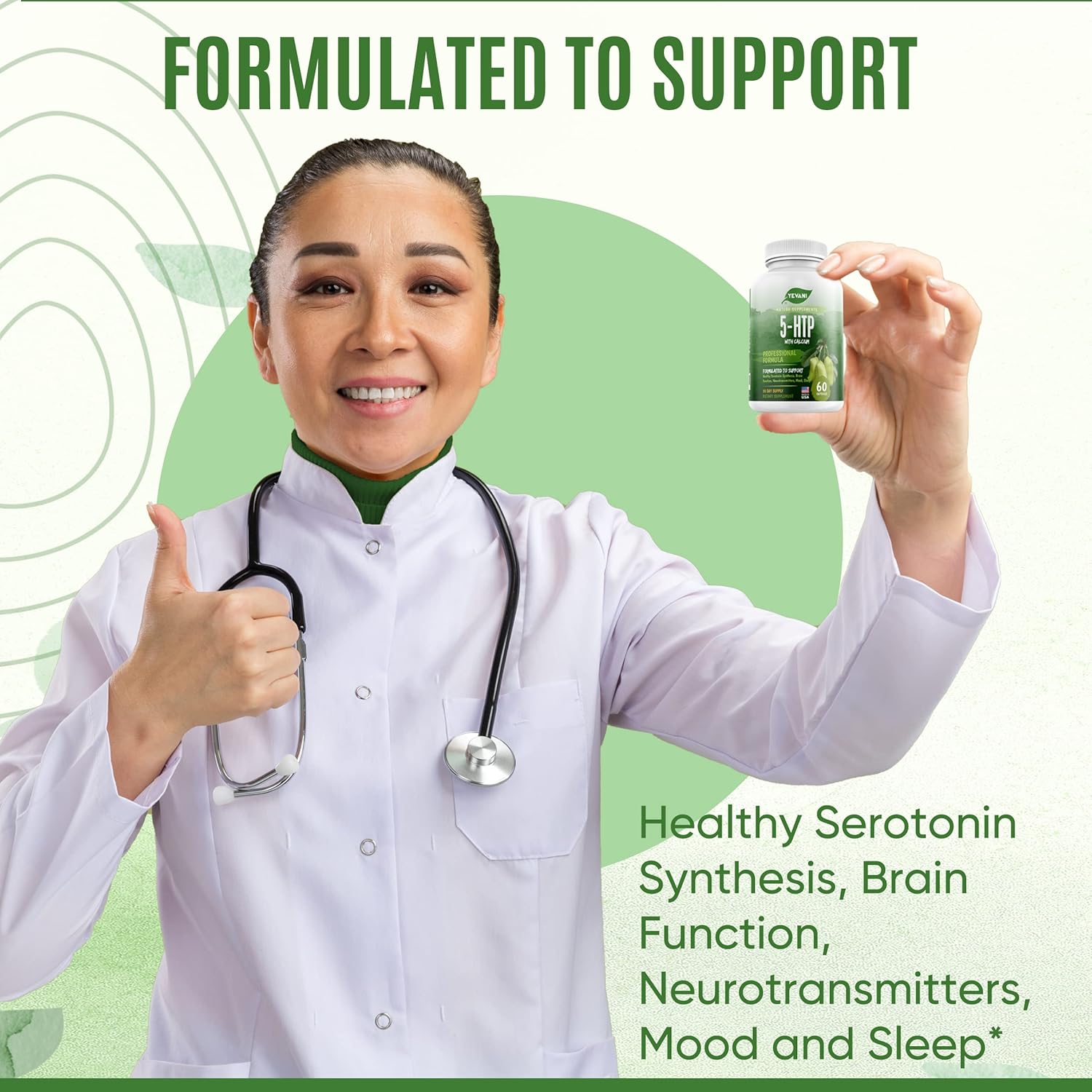 YEVANI 5-HTP Supplement with Calcium for Mood, Stress, Sleep - Neurotransmitter Support - 60 Capsules, 30 Servings