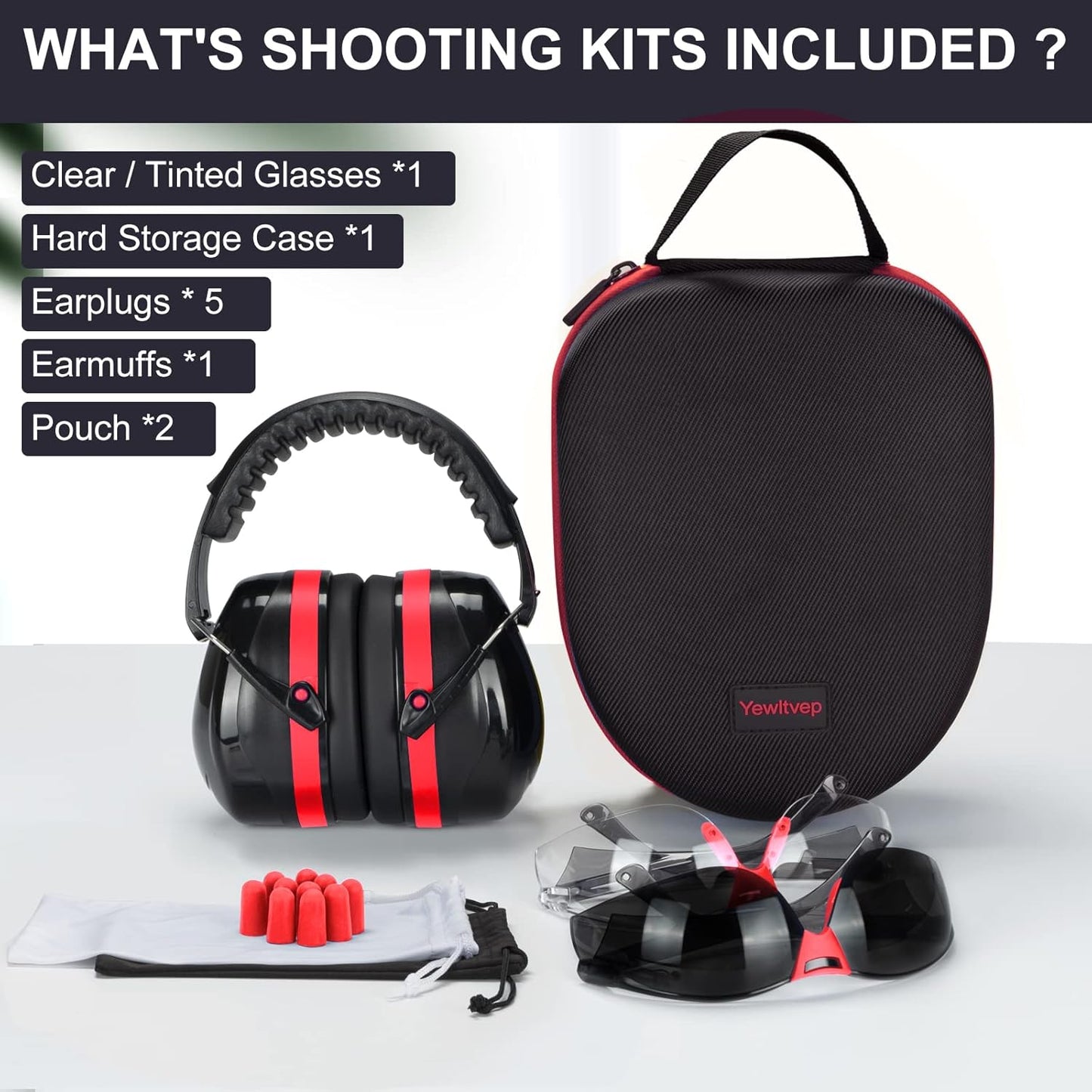 Yewltvep Complete Shooting Range Ear Protection Kit with Earmuffs, Glasses, Earplugs, and Case