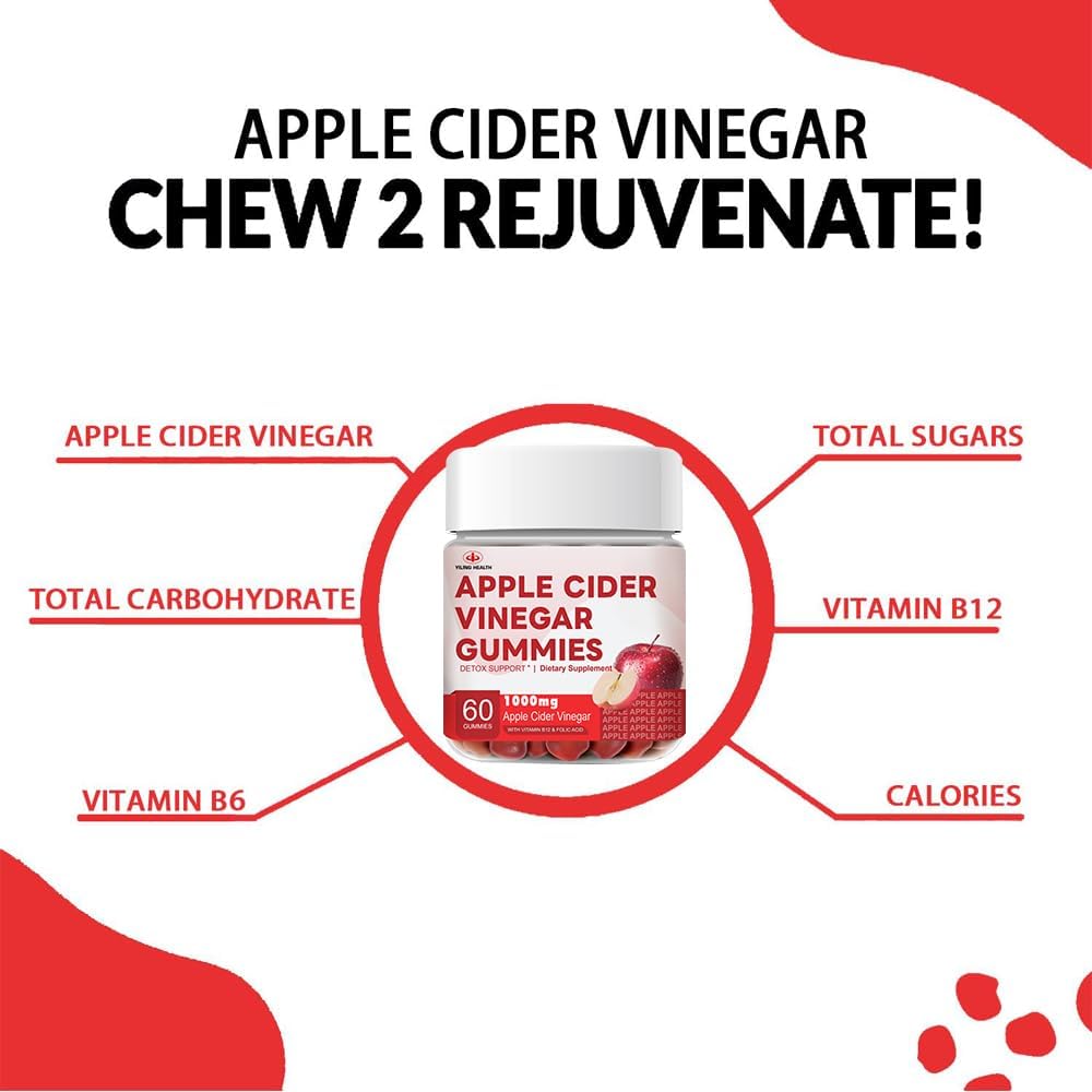 YiLing Apple Cider Vinegar Gummies - 1000mg - Immune Support, Energy Boost, Gut Health - Apple Flavored with B12/B6/Beetroot