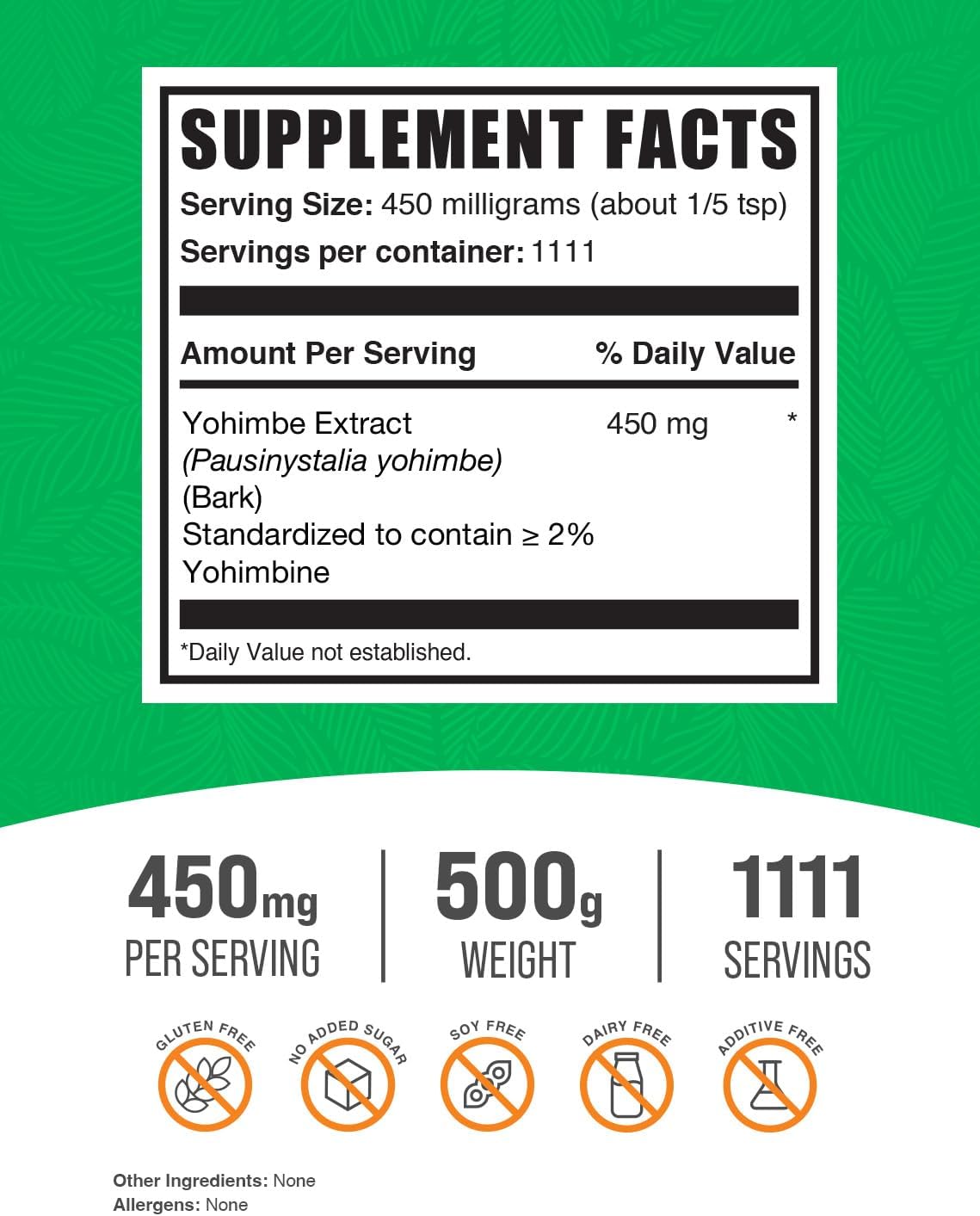 Yohimbe Bark Extract Powder - Herbal Supplement, Gluten-Free, 450mg per Serving, 500g - Bulk Yohimbe Supplements Pack