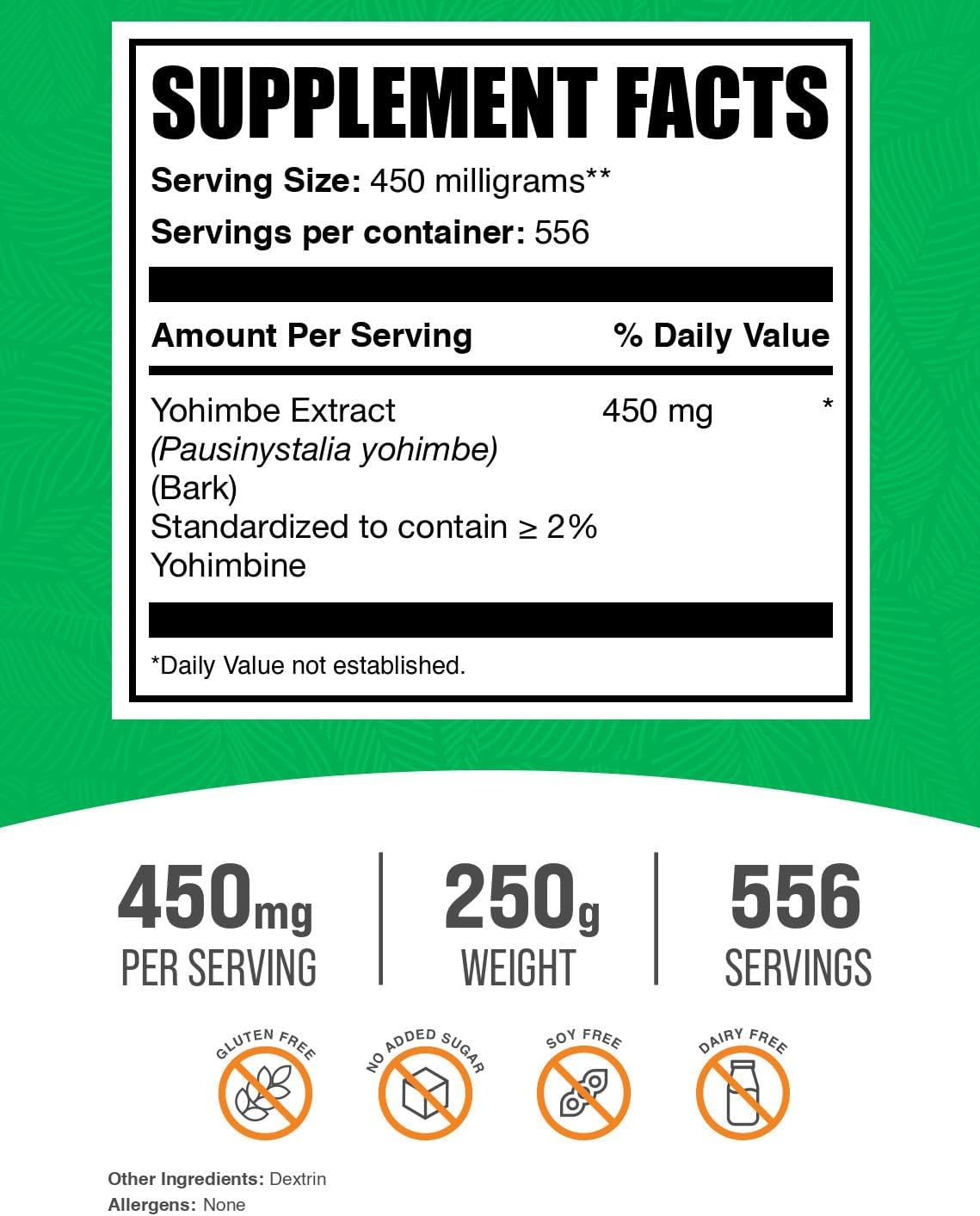 Yohimbe Extract Powder - Herbal Supplement, Gluten Free, 450mg per Serving - BulkSupplements.com 250g Pack