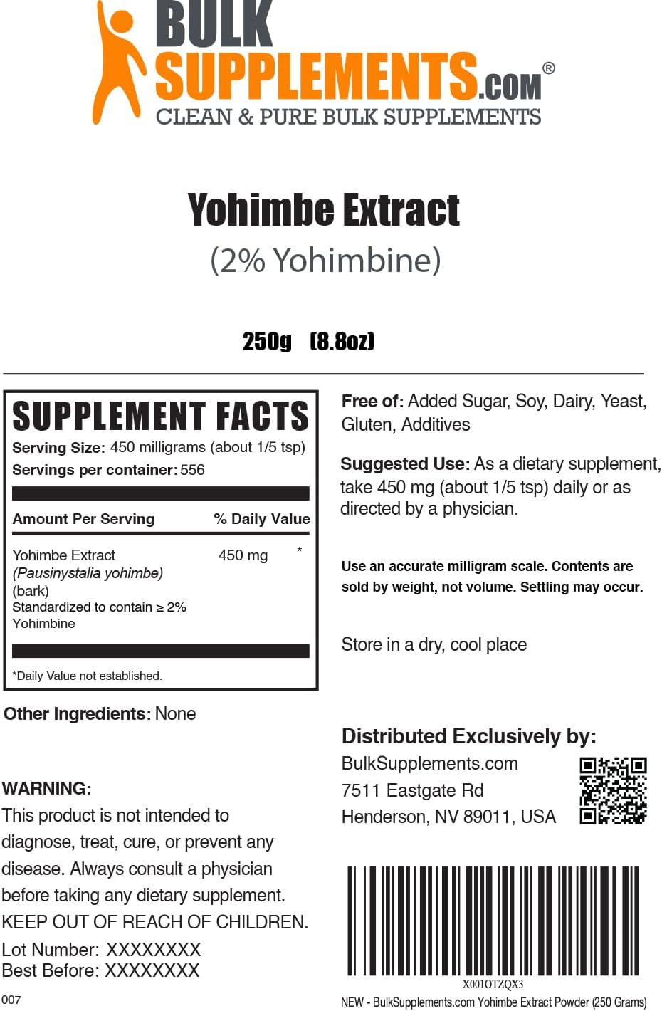 Yohimbe Extract Powder - Herbal Supplement, Gluten Free, 450mg per Serving - BulkSupplements.com 250g Pack