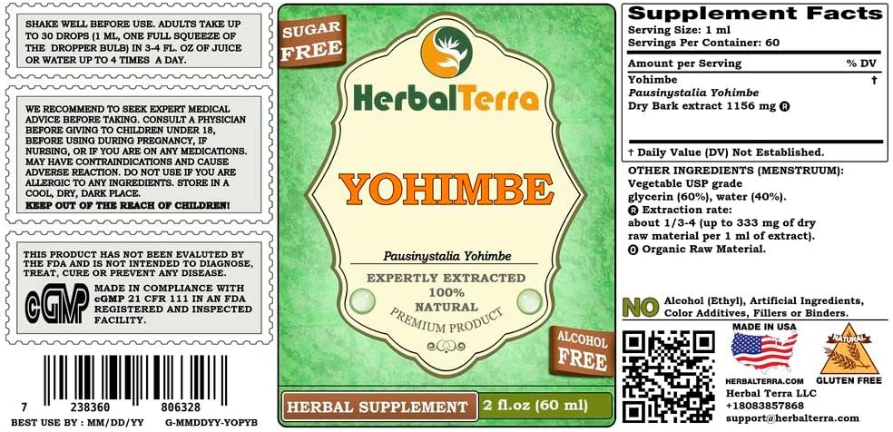 Yohimbe Glycerite Extract - Alcohol-Free Liquid, Dried Bark, Herbalterra LLC - 2 oz