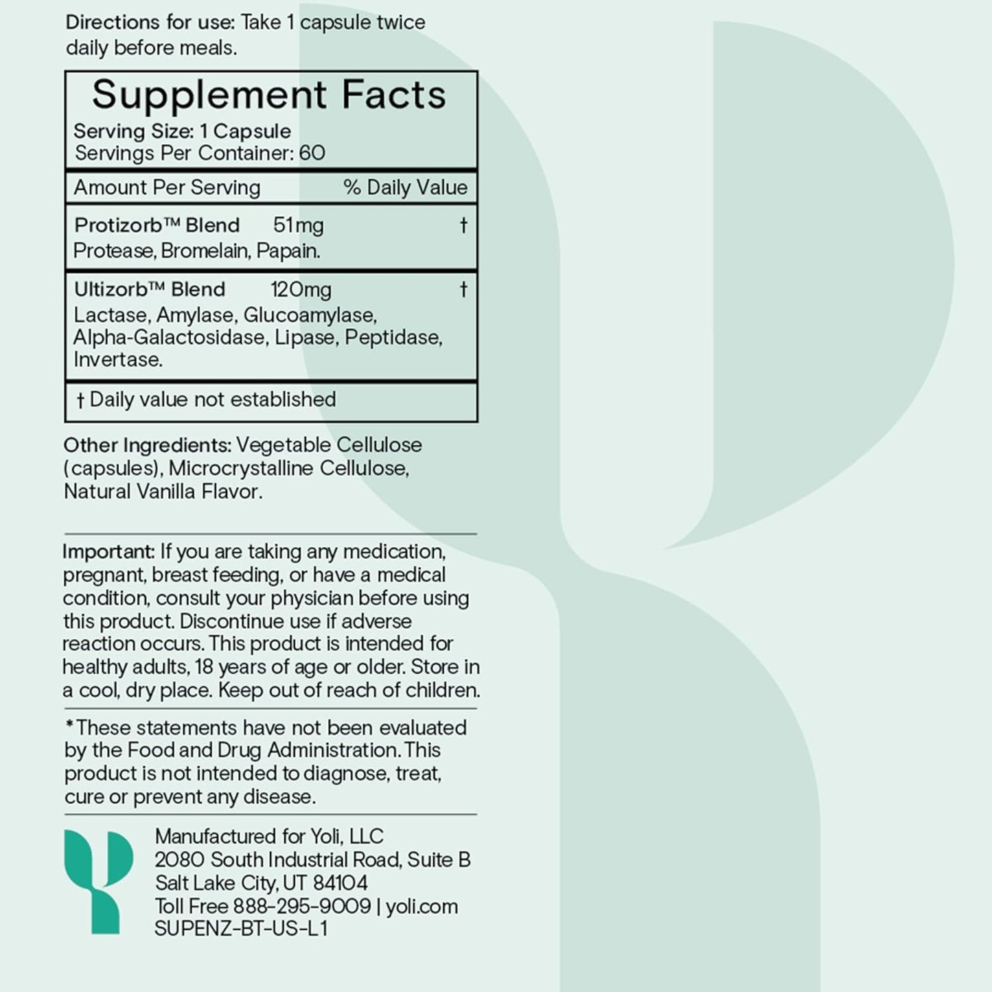 Yoli® Enzyme Digestive Supplement for Gut Health - 60 Count Digestive Enzymes for Women and Men