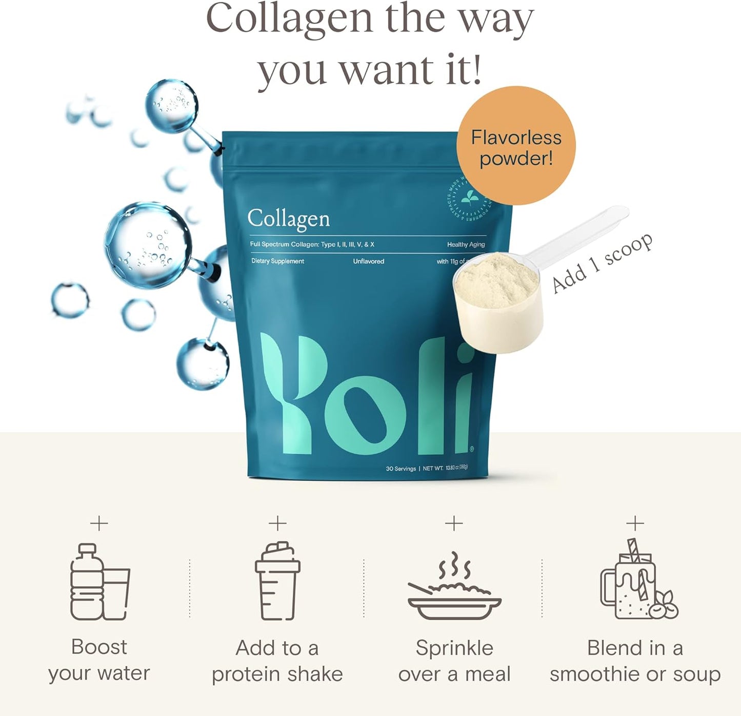 Yoli® Multi Collagen Protein Powder with Hyaluronic Acid - Collagen Supplements for Women and Men - Types I, II, III, V, and X