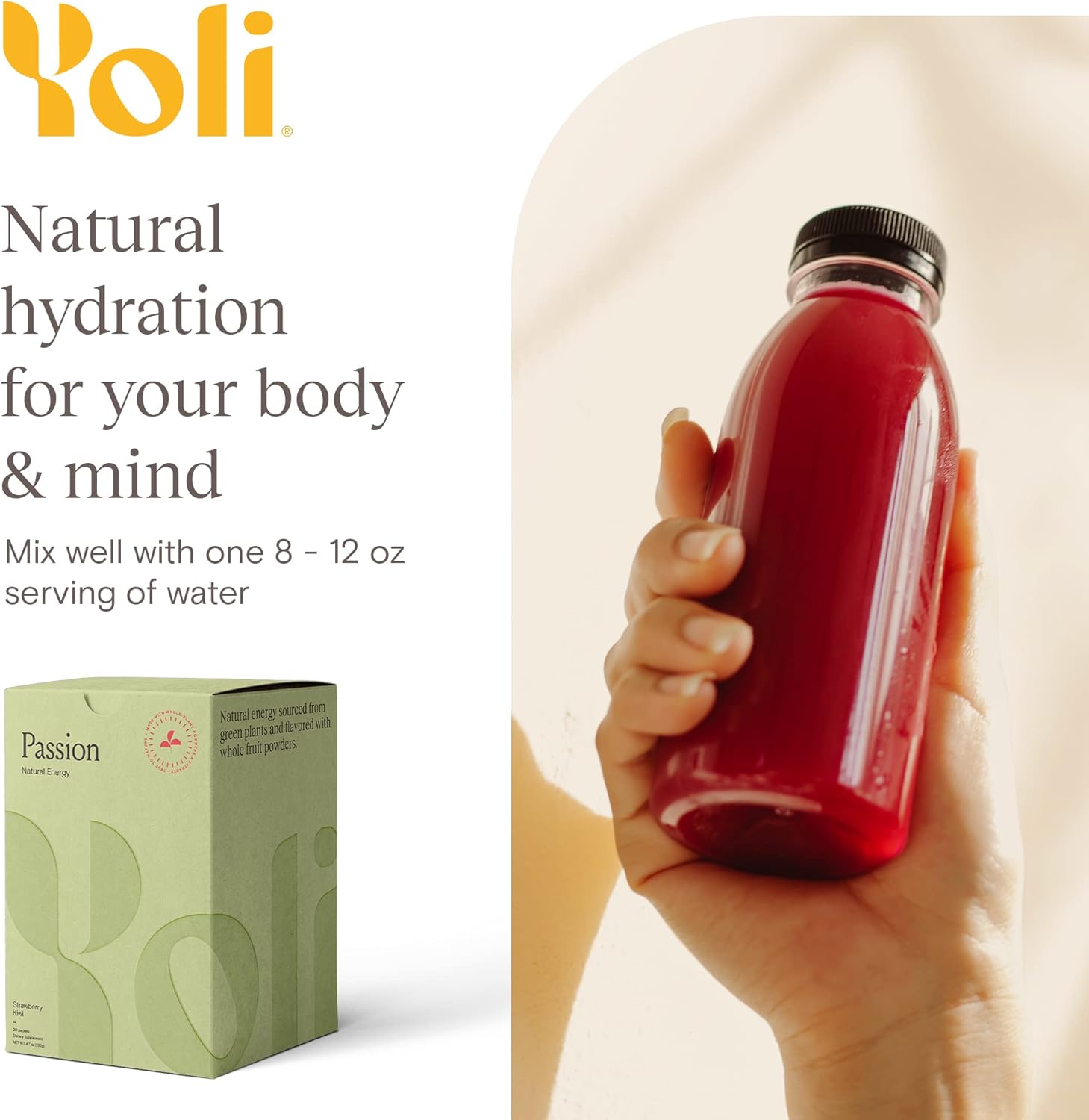 Yoli® Passion Energy Drink Powder Mix - 30 Packets, Strawberry Kiwi Flavor - Natural Endurance & Stamina Boost