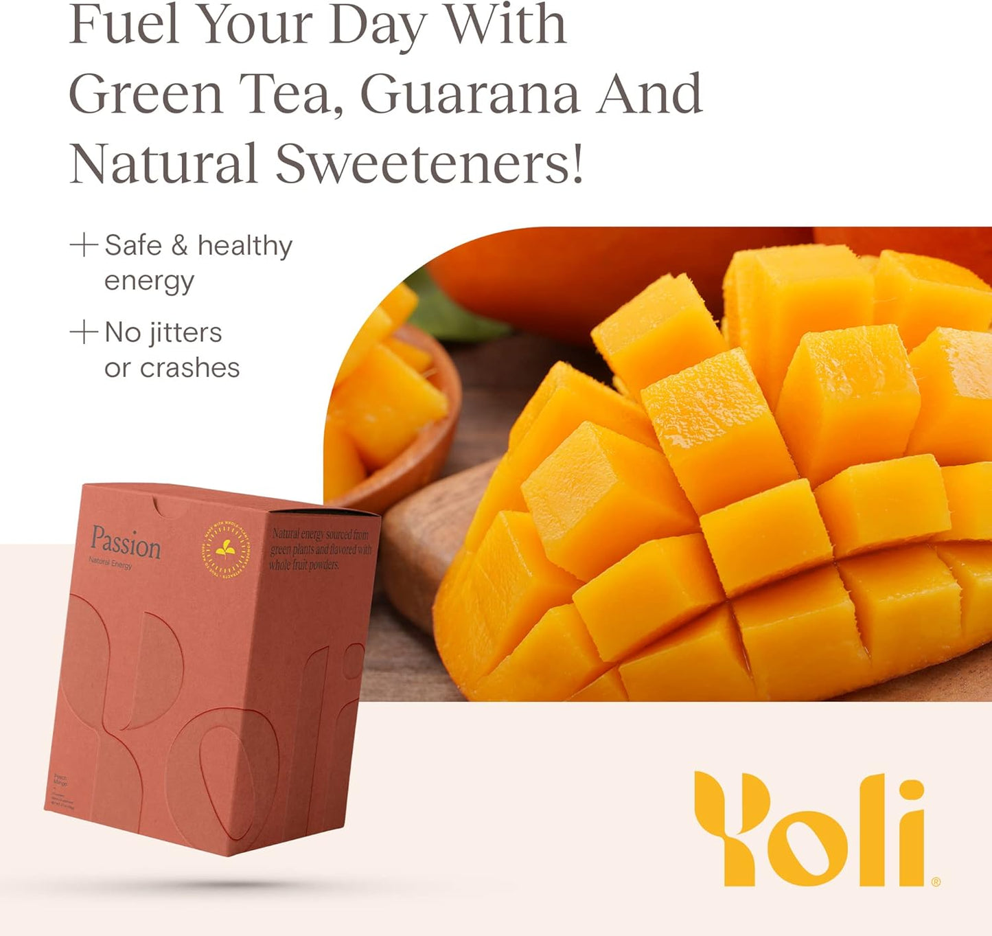 Yoli Passion Energy Drink Powder Mix - Natural Peach Mango Flavor for Endurance and Stamina, 30 Packets