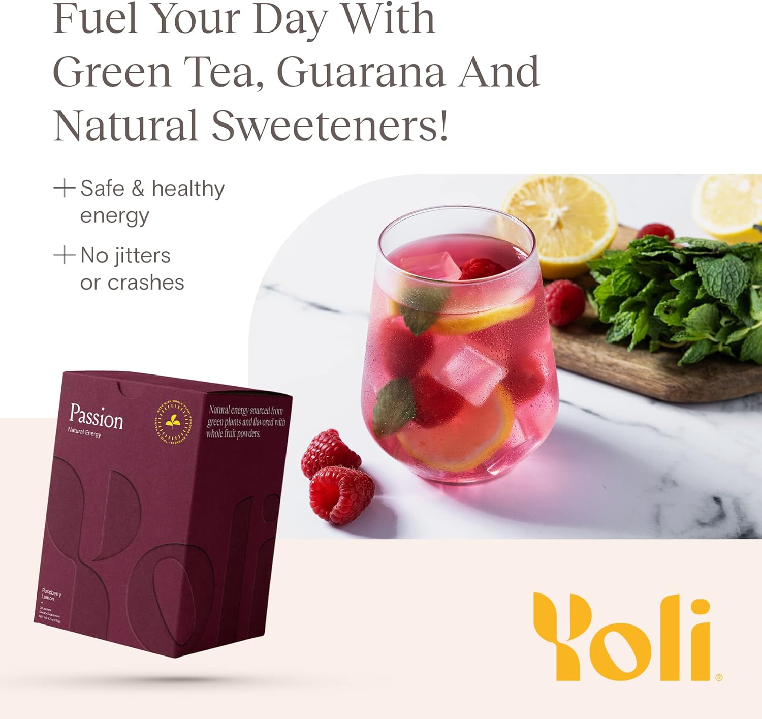 Yoli® Passion Energy Drink Powder Mix - Raspberry Lemon Flavor, 30 Packets - Boost Endurance and Stamina Naturally