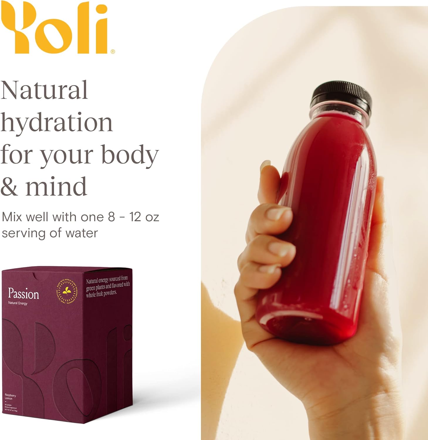 Yoli® Passion Energy Drink Powder Mix - Raspberry Lemon Flavor, 30 Packets - Boost Endurance and Stamina Naturally