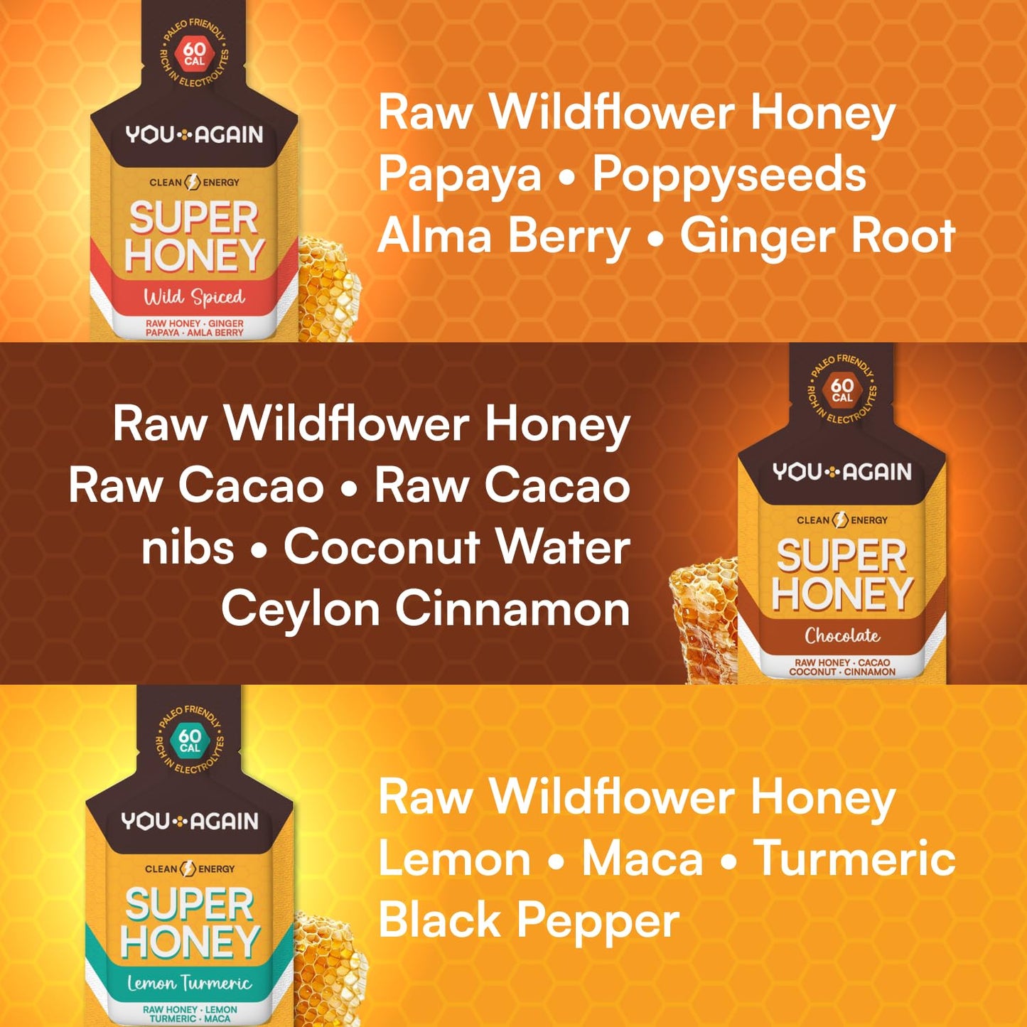 You Again Super Honey Packets - Variety | Clean Energy Gel for Cycling, Running, and Endurance | Paleo & Carnivore Snack | Gluten-Free | 12 Count USA-Made