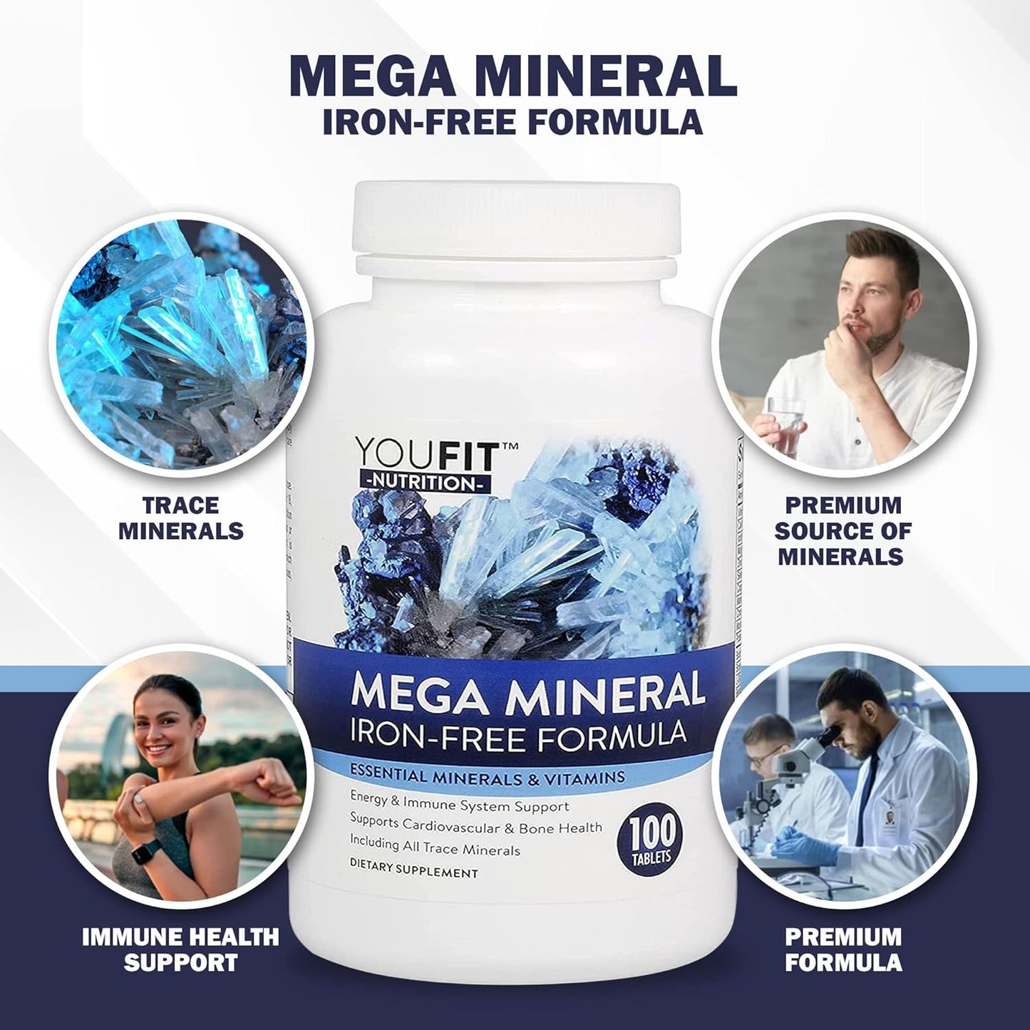 Youfit Nutrition Mega Minerals Supplement: Premium Formula with 72 Trace Minerals, Immune Health Support, Iron-Free, 1000mg Calcium, 500mg Magnesium