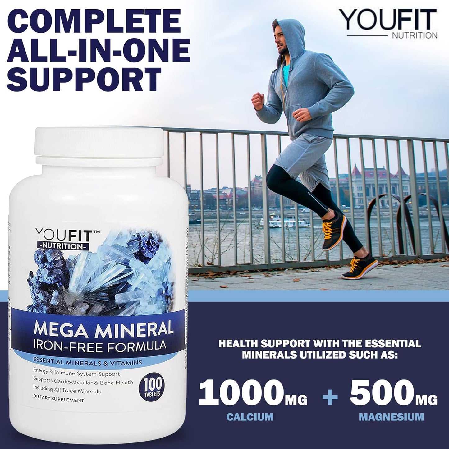 Youfit Nutrition Mega Minerals Supplement: Premium Formula with 72 Trace Minerals, Immune Health Support, Iron-Free, 1000mg Calcium, 500mg Magnesium