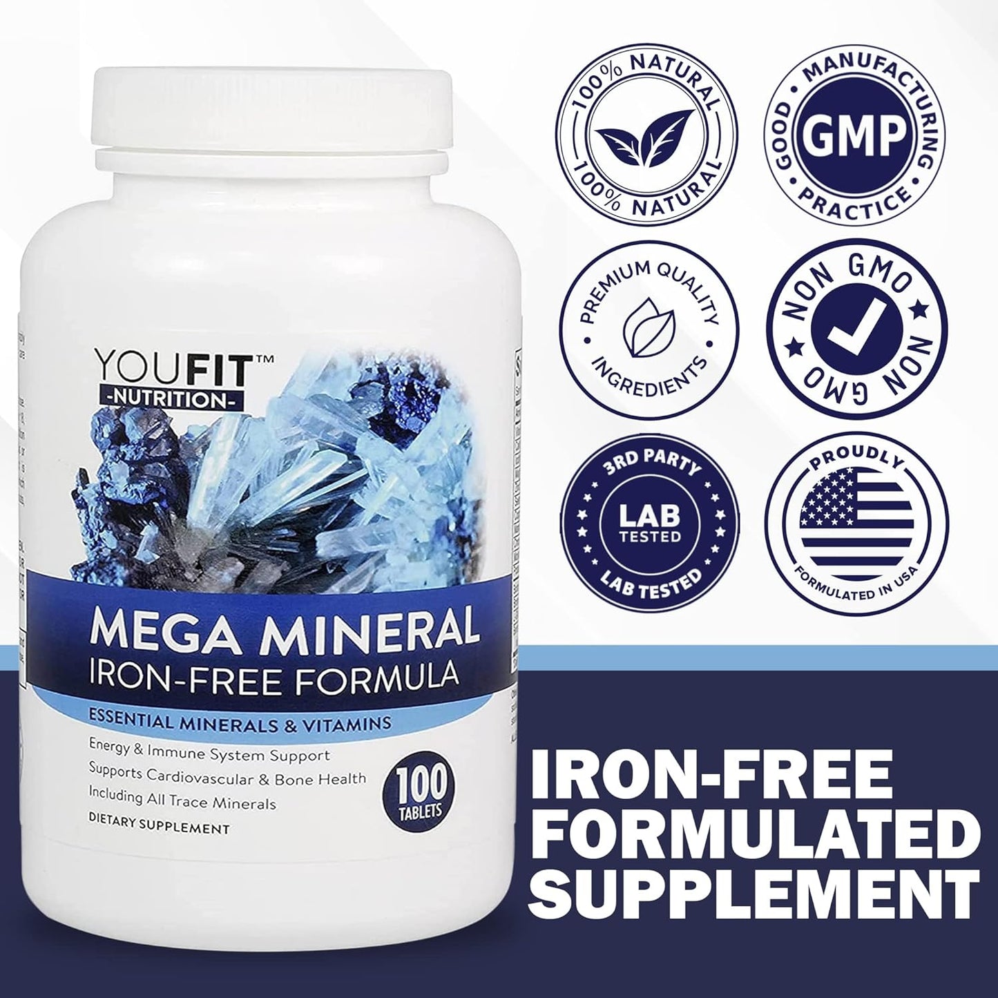 Youfit Nutrition Mega Minerals Supplement: Premium Formula with 72 Trace Minerals, Immune Health Support, Iron-Free, 1000mg Calcium, 500mg Magnesium