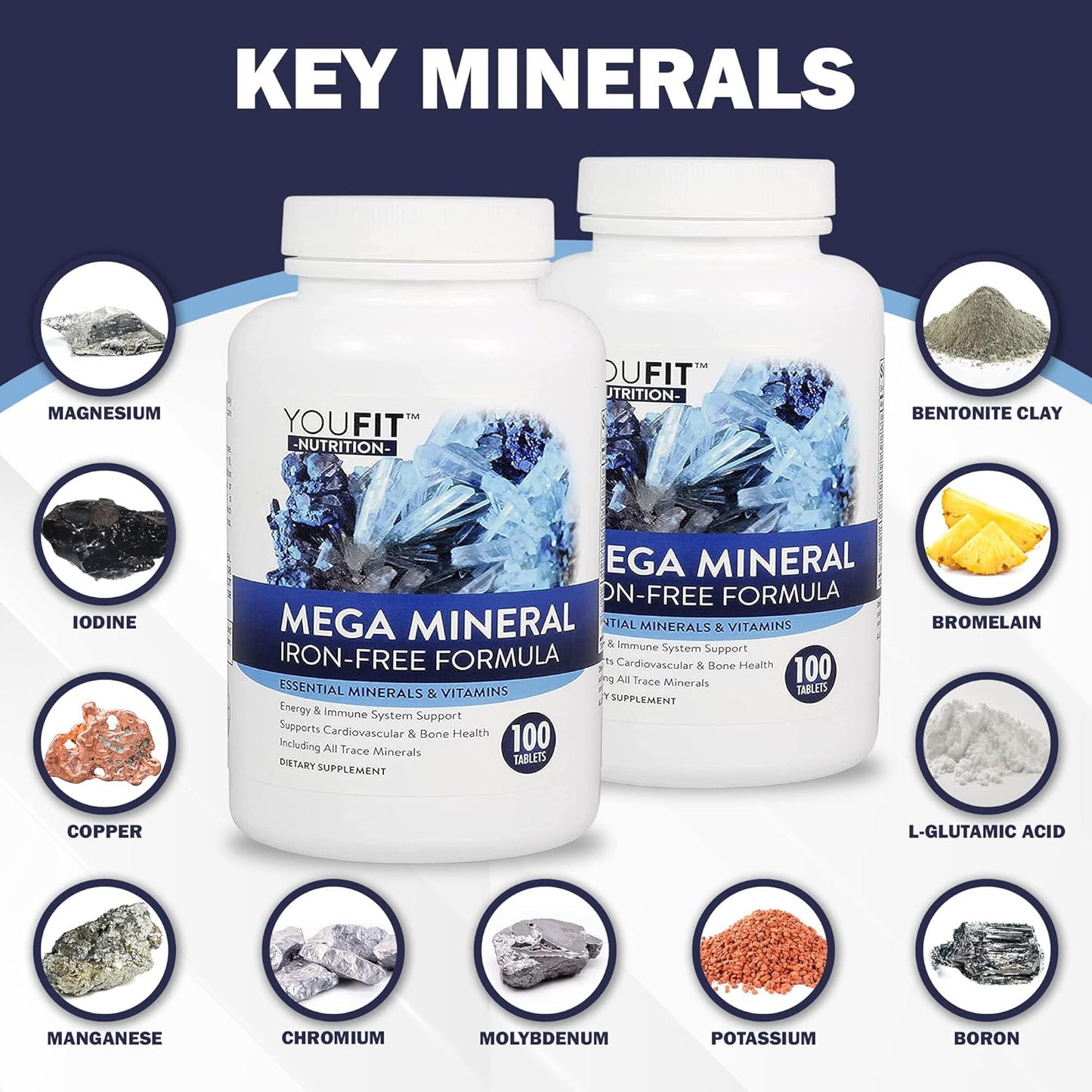 Youfit Nutrition Mega Minerals Supplement: Premium Formula with 72 Trace Minerals, Immune Health Support, Iron-Free, 1000mg Calcium, 500mg Magnesium