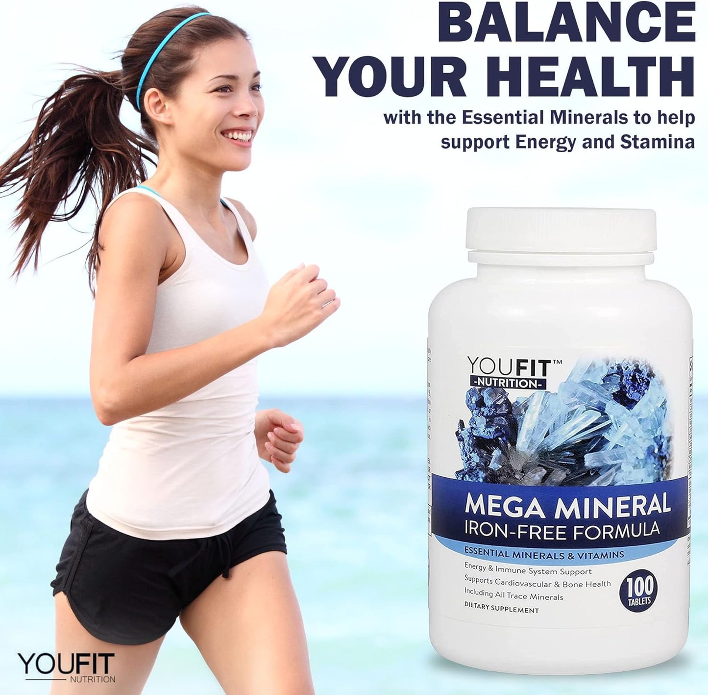 Youfit Nutrition Mega Minerals Supplement: Premium Formula with 72 Trace Minerals, Immune Health Support, Iron-Free, 1000mg Calcium, 500mg Magnesium