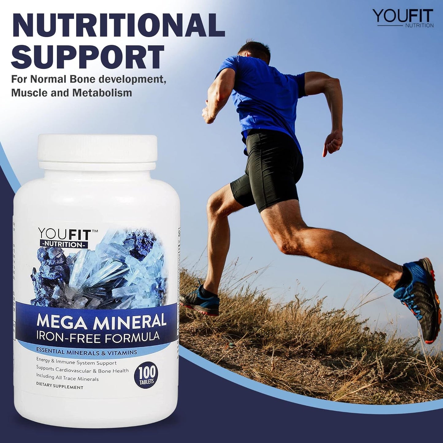 Youfit Nutrition Mega Minerals Supplement: Premium Formula with 72 Trace Minerals, Immune Health Support, Iron-Free, 1000mg Calcium, 500mg Magnesium