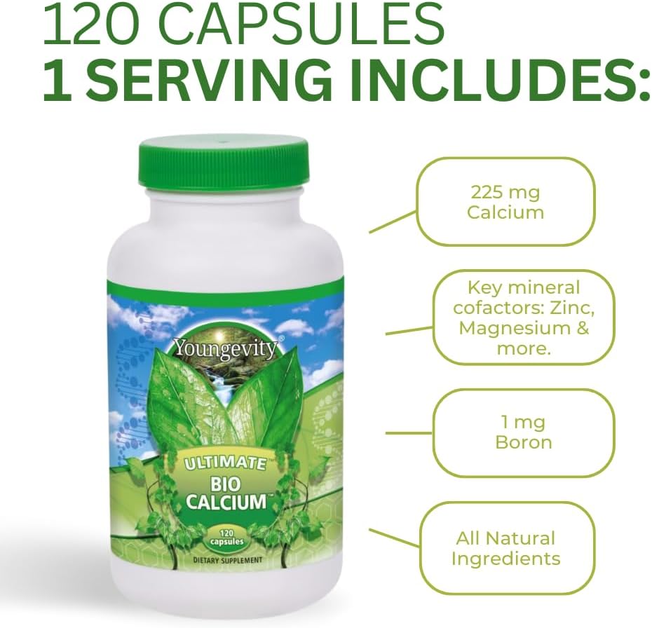 Youngevity Bio Calcium Plus - Chelated Calcium & Magnesium with Essential Minerals for Strong Bones - 120 Capsules