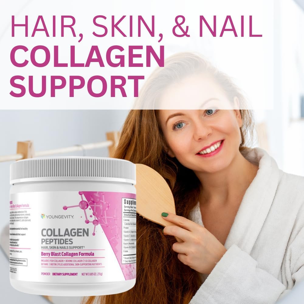 Youngevity Collagen Peptides Powder for Hair, Skin, Nails - Type I & II, Biotin, Vitamin B12, Antioxidants, Alpha Lipoic Acid - Joint, Bone Health - Berry Flavor - 251g - BoostGo Australia