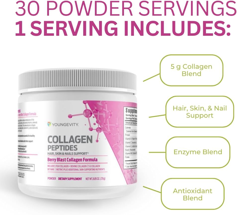 Youngevity Collagen Peptides Powder for Hair, Skin, Nails - Type I & II, Biotin, Vitamin B12, Antioxidants, Alpha Lipoic Acid - Joint, Bone Health - Berry Flavor - 251g - BoostGo Australia