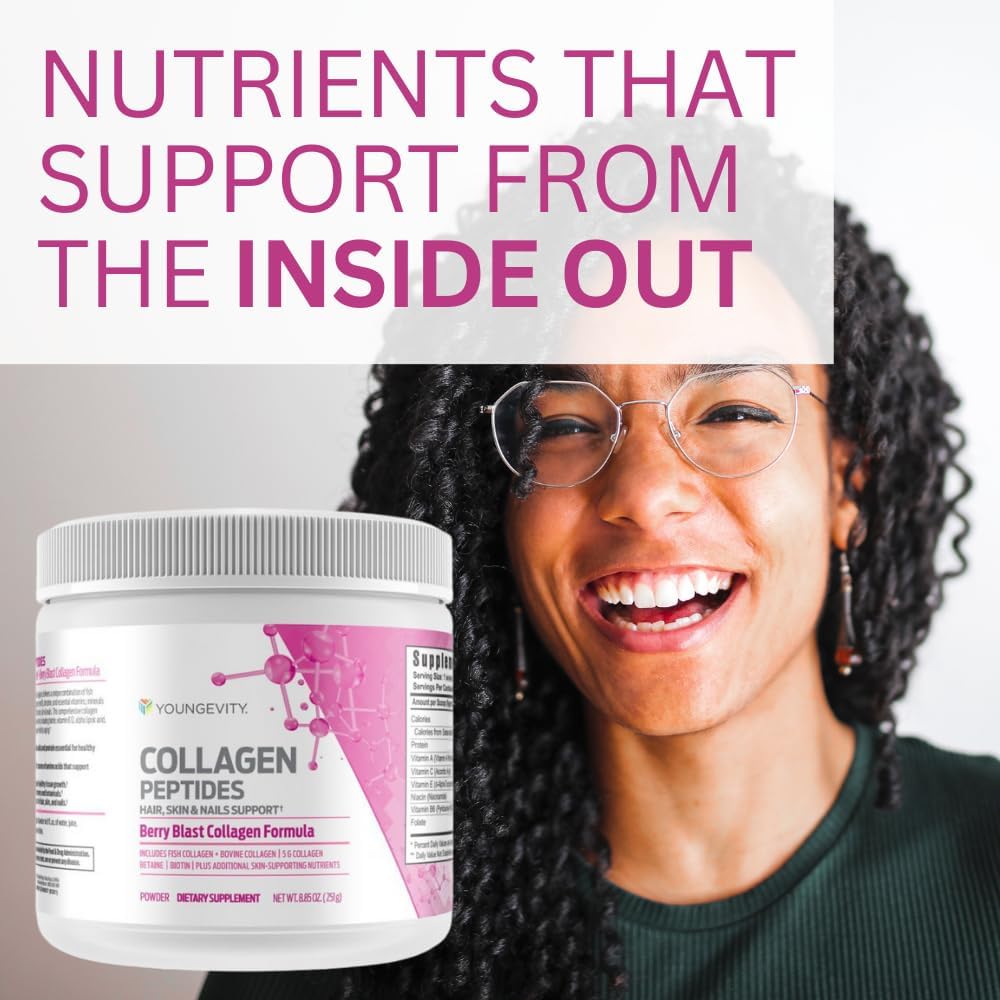 Youngevity Collagen Peptides Powder for Hair, Skin, Nails - Type I & II, Biotin, Vitamin B12, Antioxidants, Alpha Lipoic Acid - Joint, Bone Health - Berry Flavor - 251g - BoostGo Australia