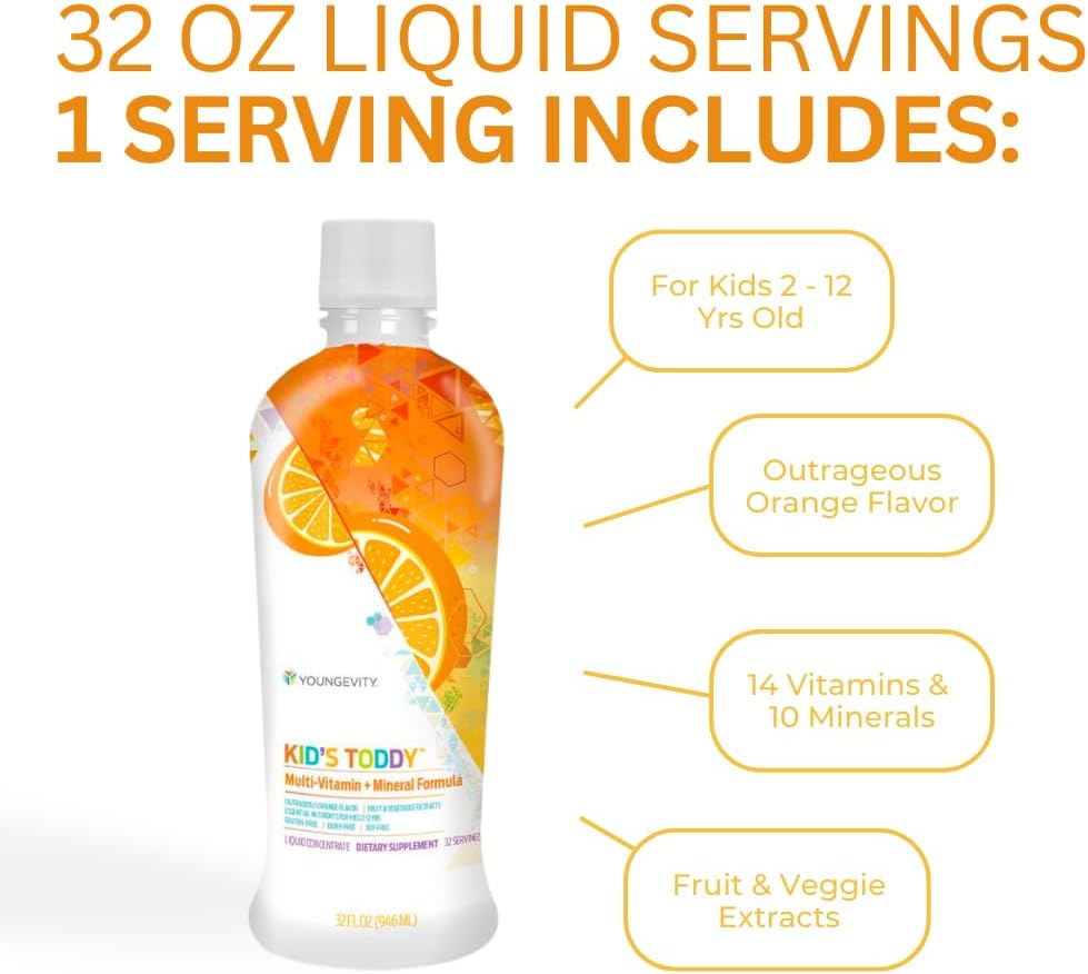 Youngevity Kid's Toddy™ - Mega Multivitamin for Kids 2+ - 14 Vitamins, 10 Minerals, Phytonutrient Blend - Highly Absorbable - Orange Flavor - 32 Fl Oz