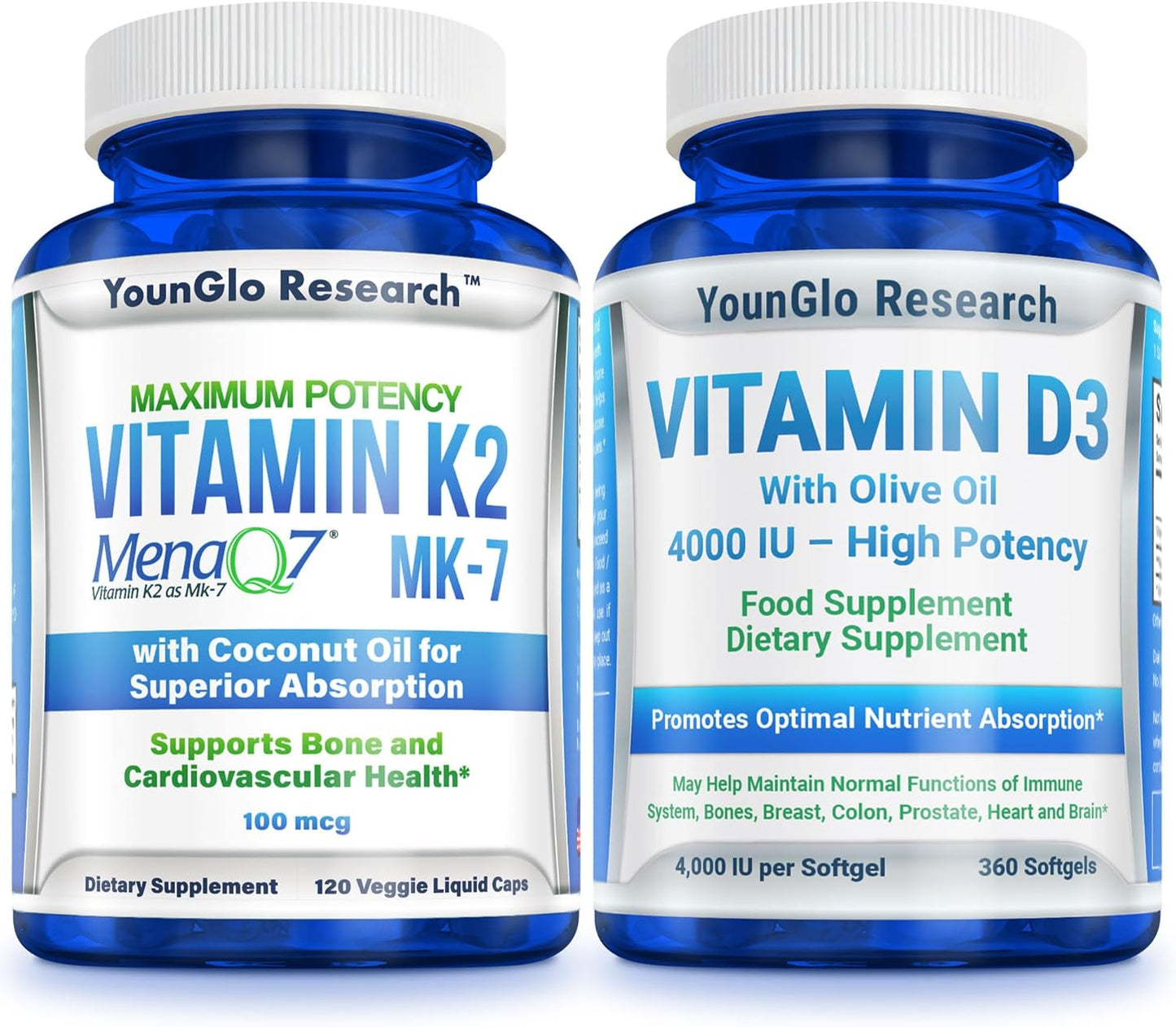 YounGlo Research Vitamin D3 4000 IU and Vitamin K2 MK7 100 mcg Capsules for Bone Health and Immunity Support