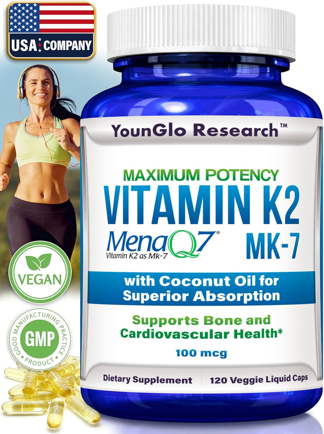 YounGlo Research Vitamin D3 4000 IU and Vitamin K2 MK7 100 mcg Capsules for Bone Health and Immunity Support