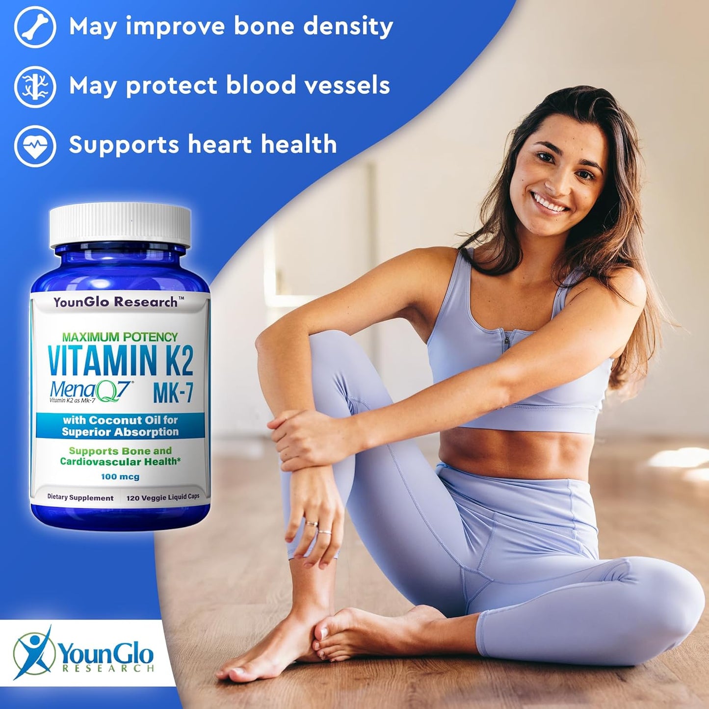 YounGlo Research Vitamin D3 4000 IU and Vitamin K2 MK7 100 mcg Capsules for Bone Health and Immunity Support