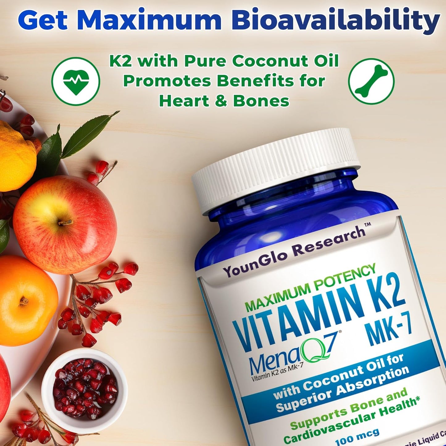 YounGlo Research Vitamin D3 4000 IU and Vitamin K2 MK7 100 mcg Capsules for Bone Health and Immunity Support