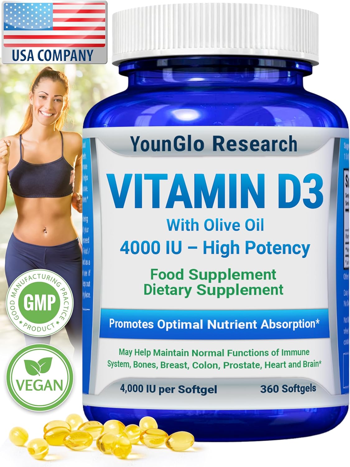 YounGlo Research Vitamin D3 4000 IU and Vitamin K2 MK7 100 mcg Capsules for Bone Health and Immunity Support