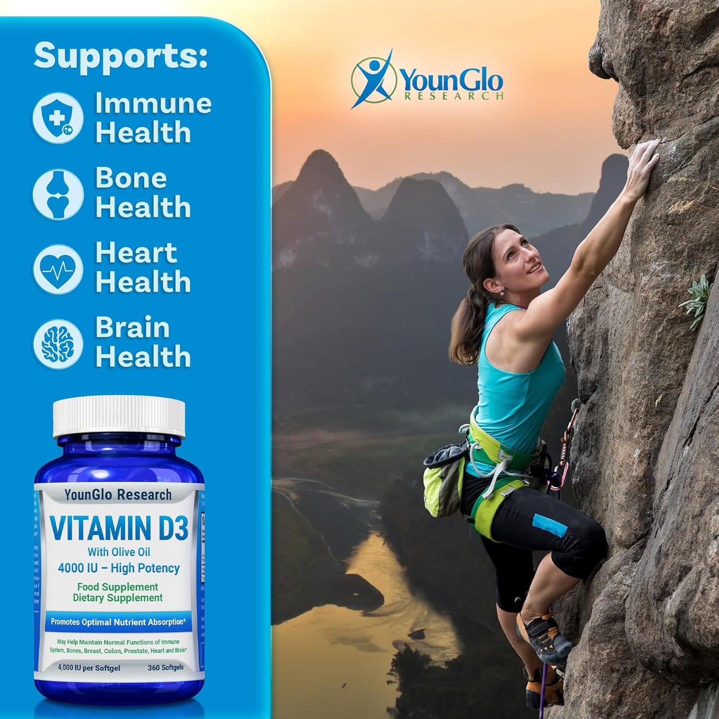 YounGlo Research Vitamin D3 4000 IU and Vitamin K2 MK7 100 mcg Capsules for Bone Health and Immunity Support