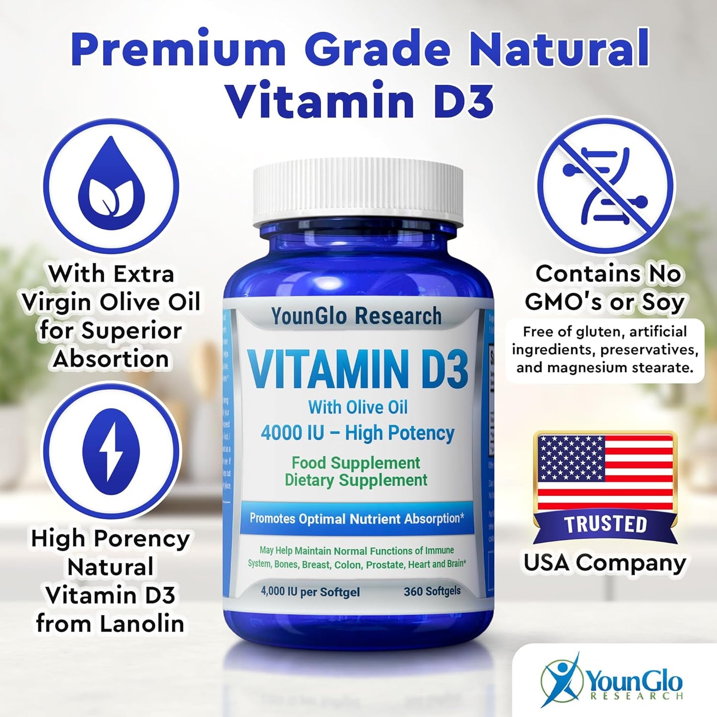 YounGlo Research Vitamin D3 4000 IU and Vitamin K2 MK7 100 mcg Capsules for Bone Health and Immunity Support