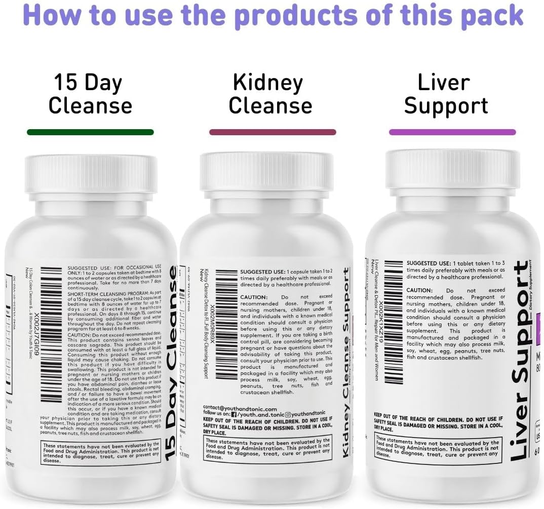 Youth & Tonic Body Detox & Cleanse with Liver Support - 180 Pills for Men & Women, Kidney & Colon Cleanse, CandEase Matrix