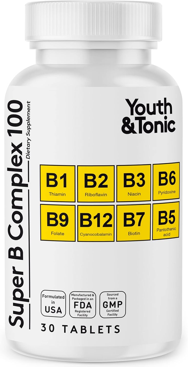 Youth & Tonic Super B Complex: Boost Mental Clarity & Energy Metabolism, Combat Stress & Fatigue - B 100 Vitamin Complex for Nervous System Support