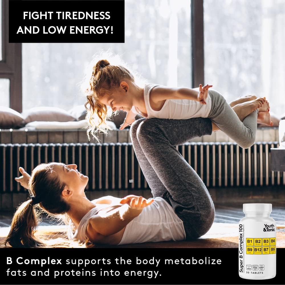 Youth & Tonic Super B Complex: Boost Mental Clarity & Energy Metabolism, Combat Stress & Fatigue - B 100 Vitamin Complex for Nervous System Support