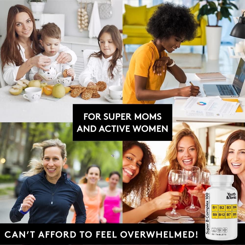 Youth & Tonic Super B Complex: Boost Mental Clarity & Energy Metabolism, Combat Stress & Fatigue - B 100 Vitamin Complex for Nervous System Support