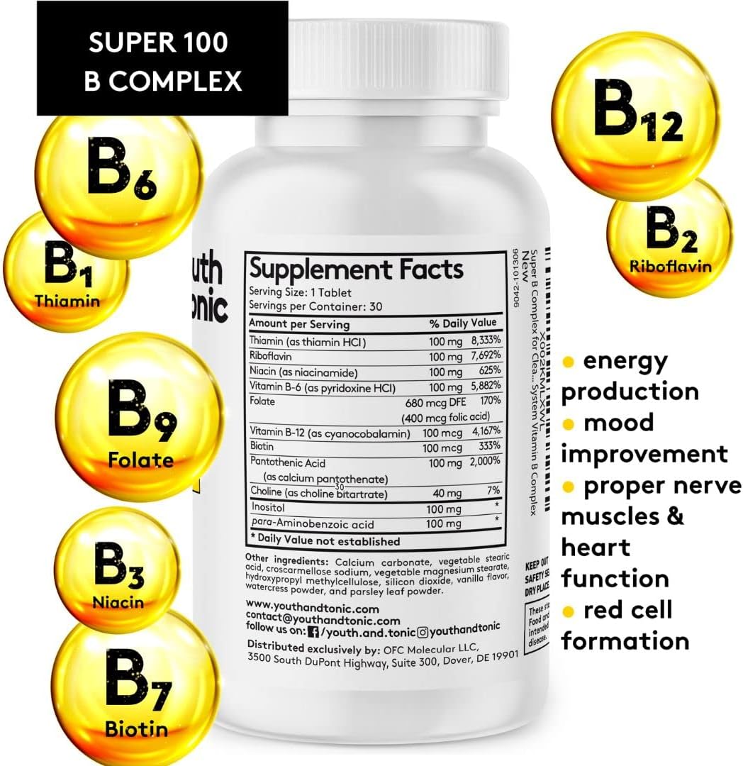 Youth & Tonic Super B Complex: Boost Mental Clarity & Energy Metabolism, Combat Stress & Fatigue - B 100 Vitamin Complex for Nervous System Support
