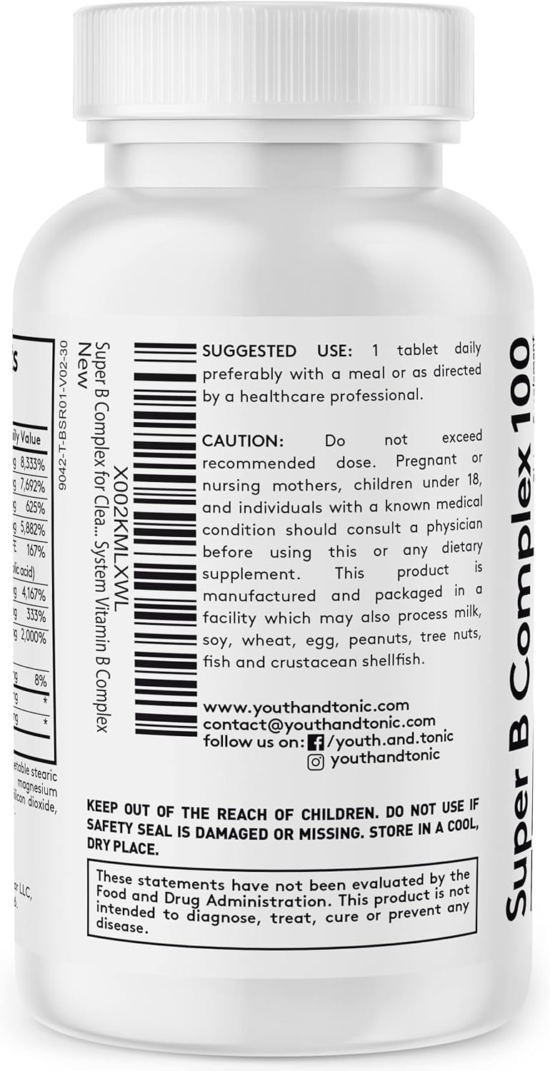 Youth & Tonic Super B Complex: Boost Mental Clarity & Energy Metabolism, Combat Stress & Fatigue - B 100 Vitamin Complex for Nervous System Support