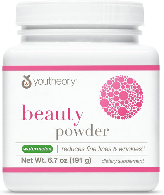 Youtheory Beauty Powder with Collagen Peptides & Hyaluronic Acid for Fine Lines - Watermelon Flavor, 6.7 oz