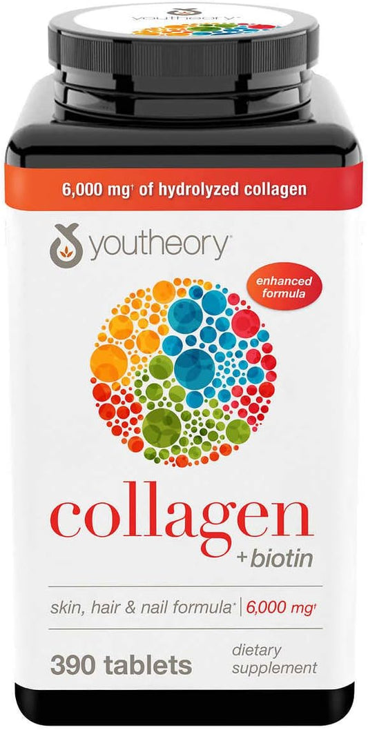 Youtheory Collagen Plus Biotin 390 Tablets - 3 Pack for Hair, Skin, Nails & Joints