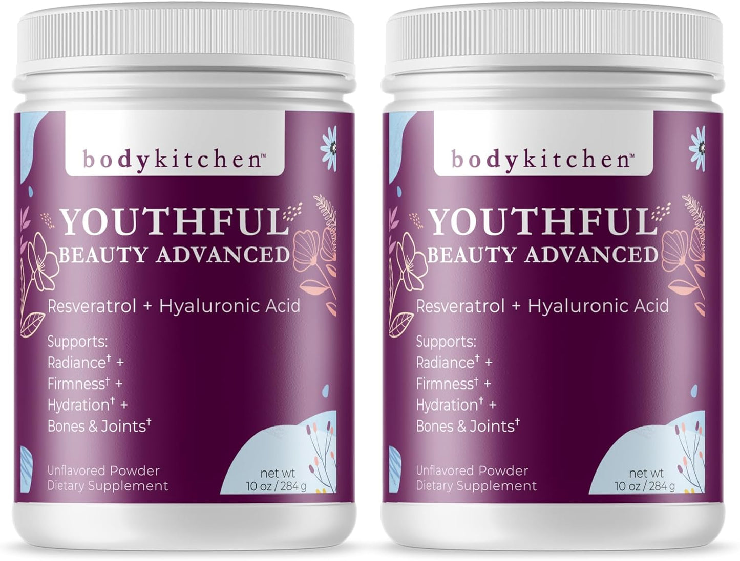 Youthful Beauty Collagen Peptides Powder with Resveratrol & Hyaluronic Acid for Hair Skin Nails, Anti-Aging & Antioxidant Support - Grass Fed (Pack of 2)