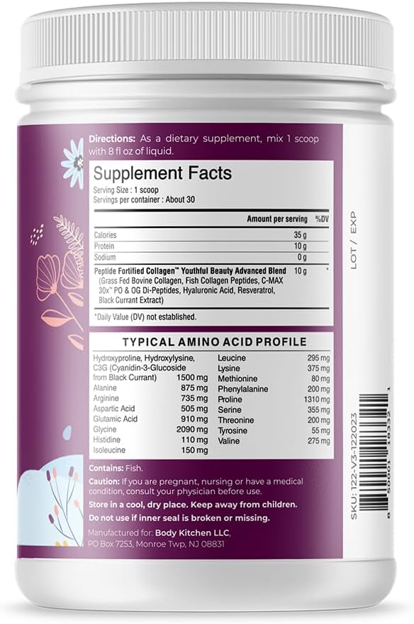 Youthful Beauty Collagen Peptides Powder with Resveratrol & Hyaluronic Acid for Hair Skin Nails, Anti-Aging & Antioxidant Support - Grass Fed (Pack of 2)