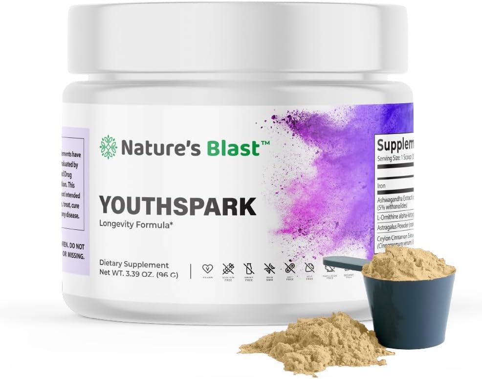 YouthSpark Longevity Formula Supplement with Ashwagandha, Astragalus, and Cinnamon - Fruit Flavor - 1 Bottle