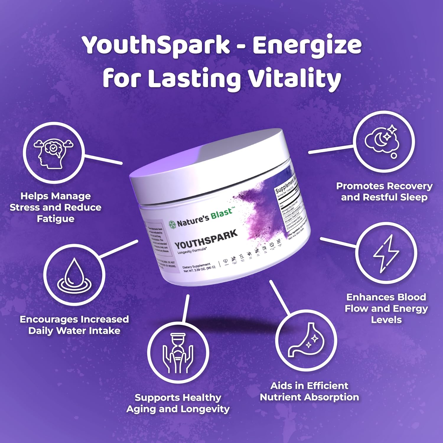 YouthSpark Longevity Formula Supplement with Ashwagandha, Astragalus, and Cinnamon - Fruit Flavor - 1 Bottle