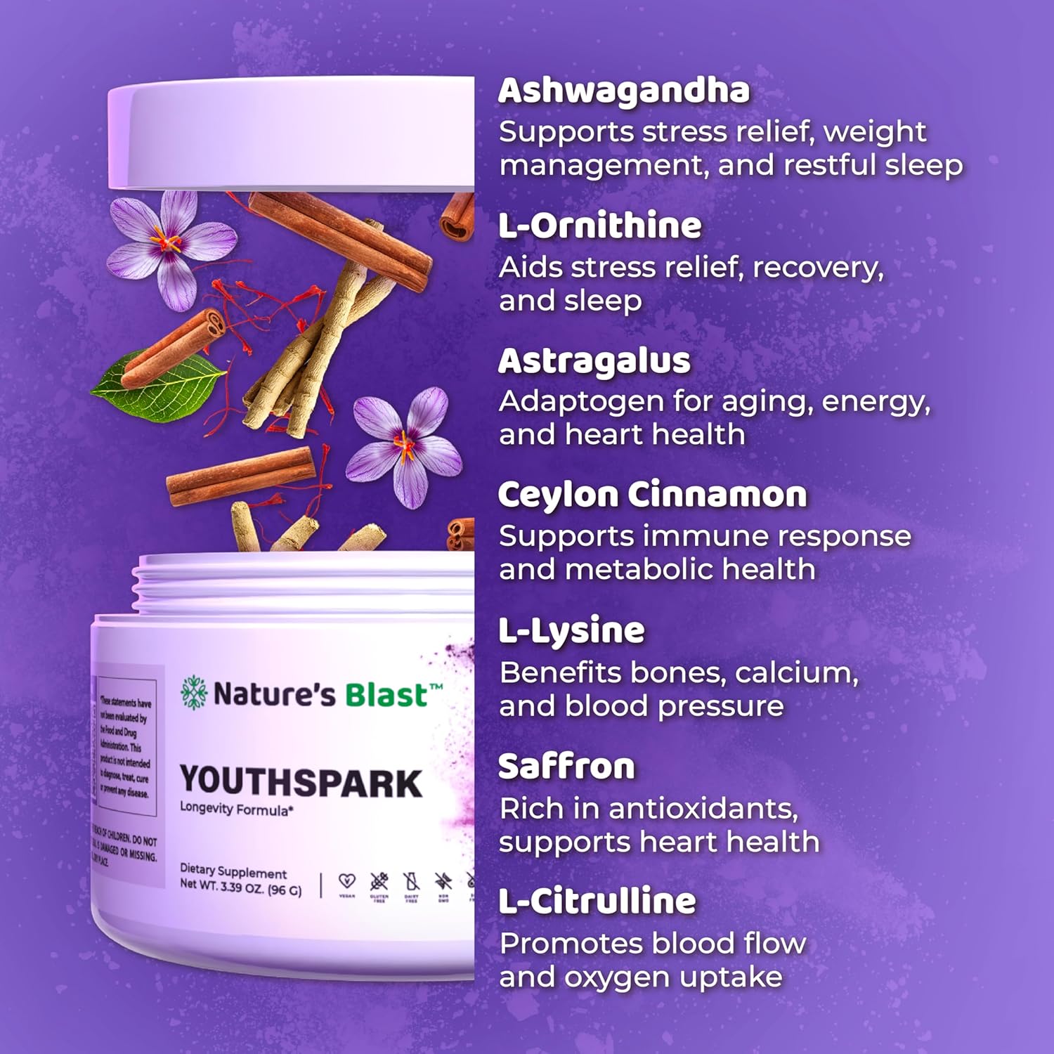 YouthSpark Longevity Formula Supplement with Ashwagandha, Astragalus, and Cinnamon - Fruit Flavor - 1 Bottle