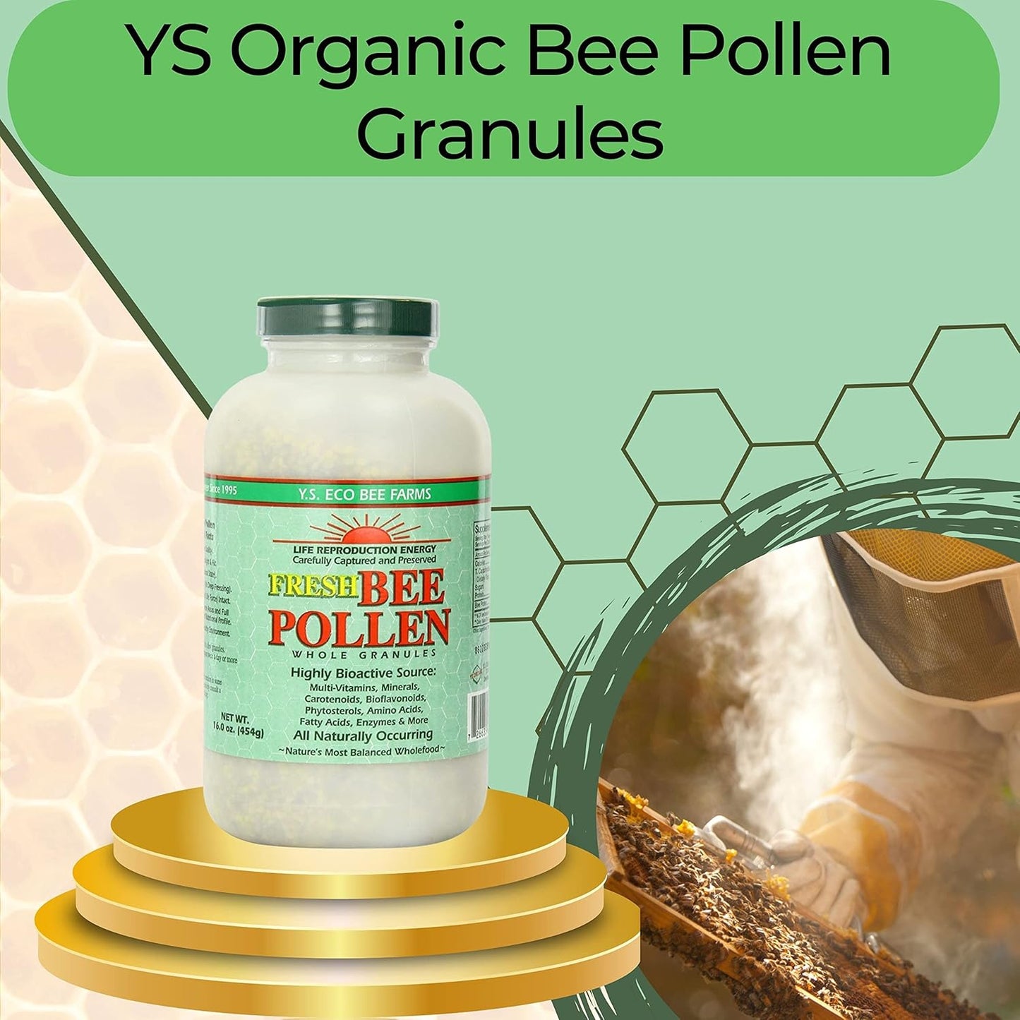 Y.S. Eco Bee Farms Bee Pollen Granules Bundle - 100% Pure - Wild Crafted - Vitamin Supplements - Amino Acids - Gluten-Free - 16 oz - Worldwide