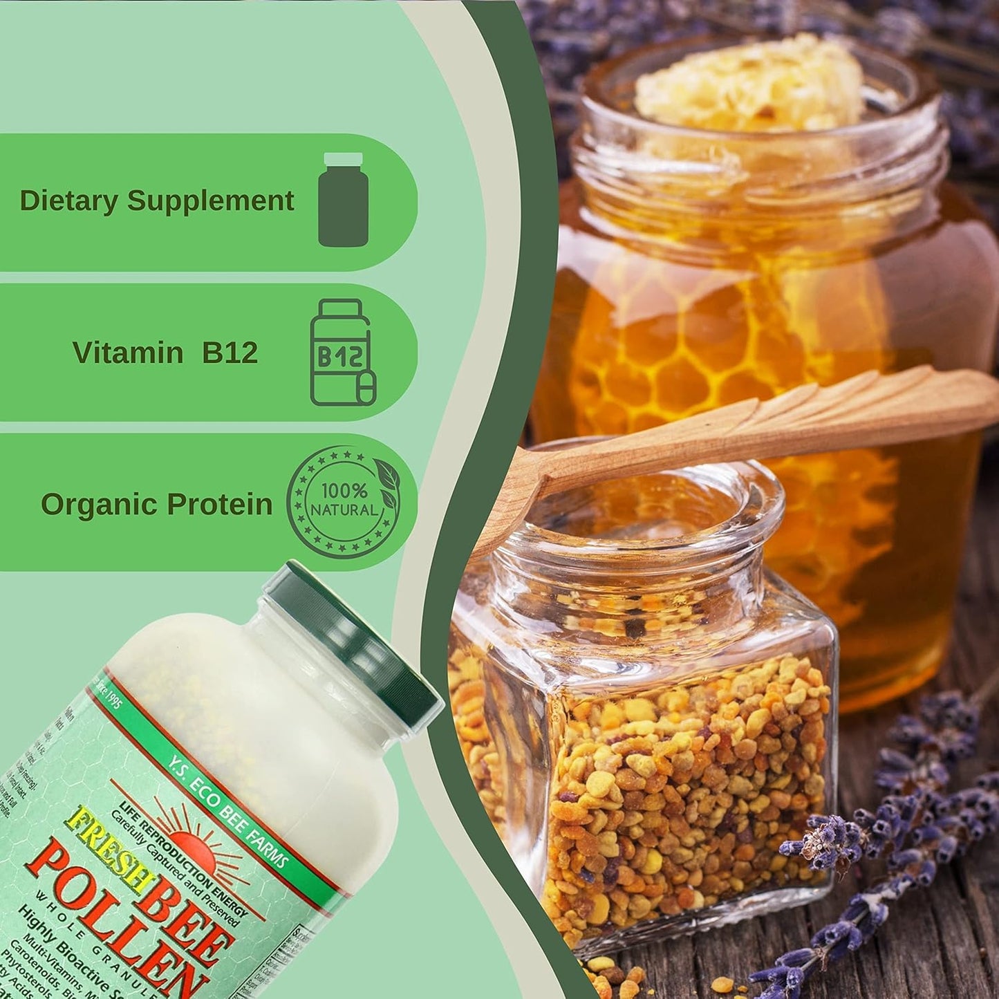 Y.S. Eco Bee Farms Bee Pollen Granules Bundle - 100% Pure - Wild Crafted - Vitamin Supplements - Amino Acids - Gluten-Free - 16 oz - Worldwide