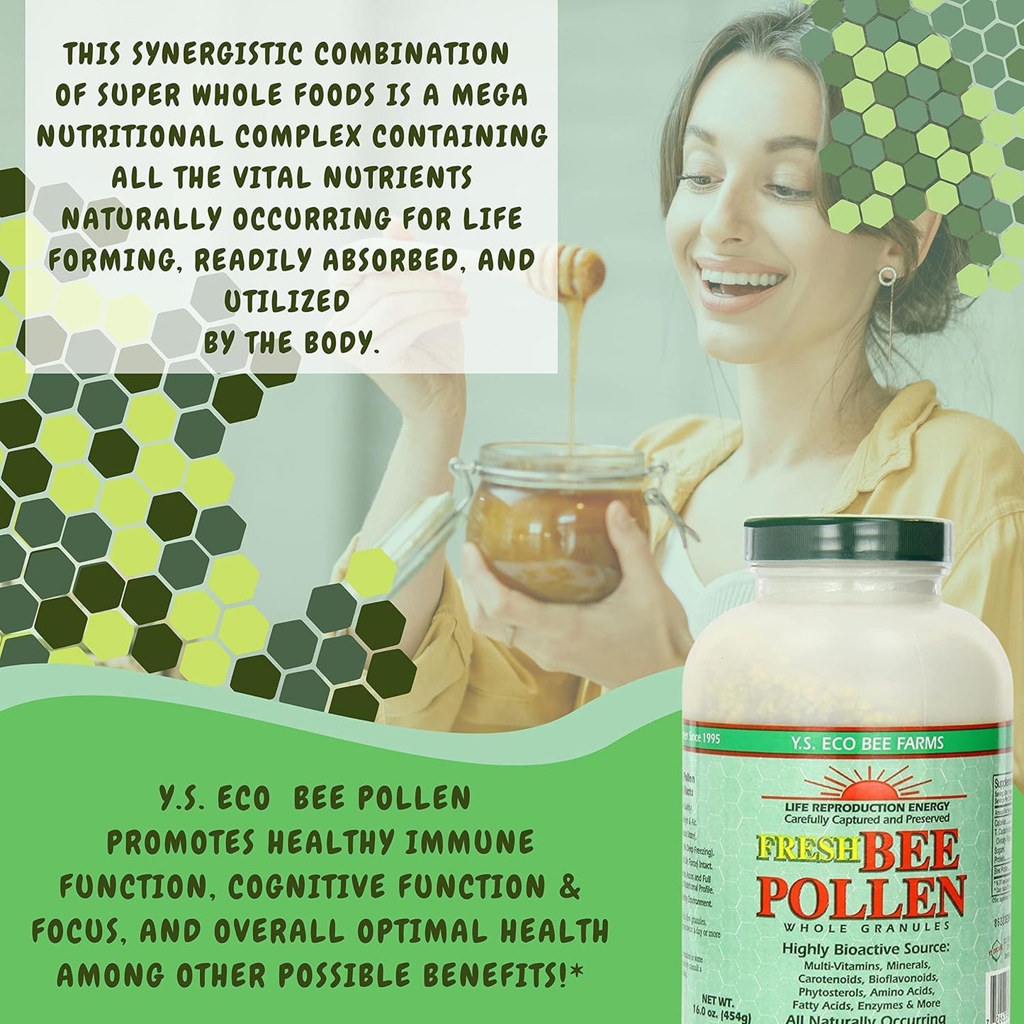 Y.S. Eco Bee Farms Bee Pollen Granules Bundle - 100% Pure - Wild Crafted - Vitamin Supplements - Amino Acids - Gluten-Free - 16 oz - Worldwide