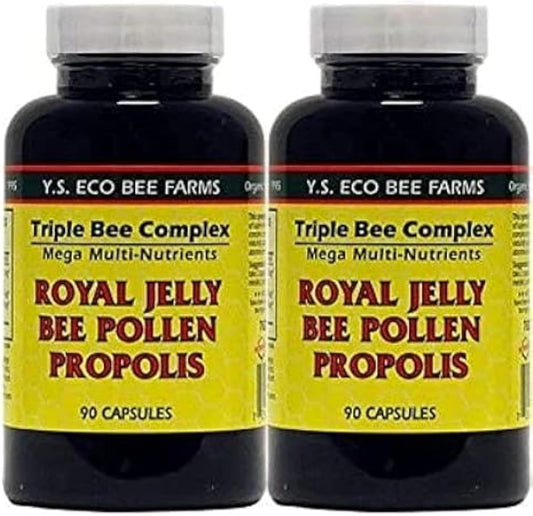 YS Organic Bee Farms Triple Bee Complex - 90 Capsules (2 Pack) with Royal Jelly, Bee Pollen, and Propolis